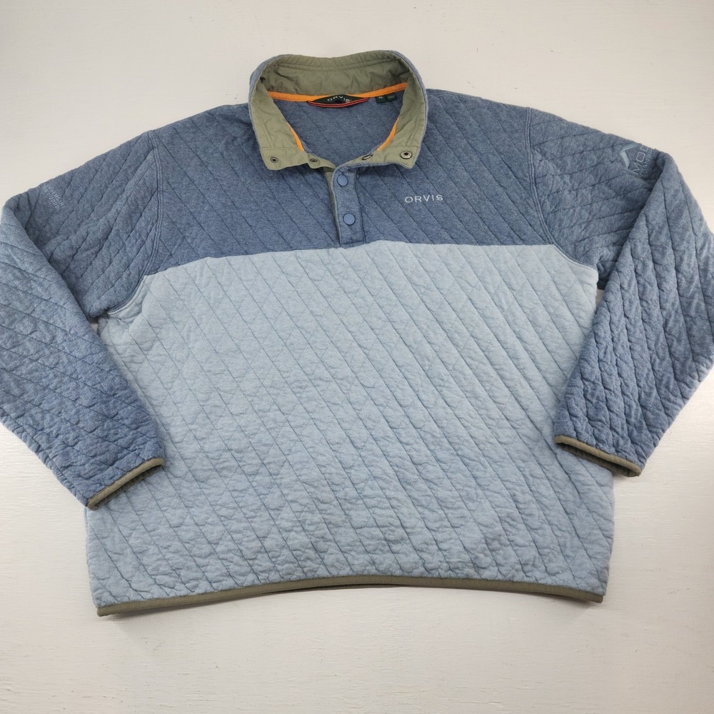 Orvis Mens XL | Blue Quilted Snap Mock Neck Pullover Sweater Two Tone Gorpcore